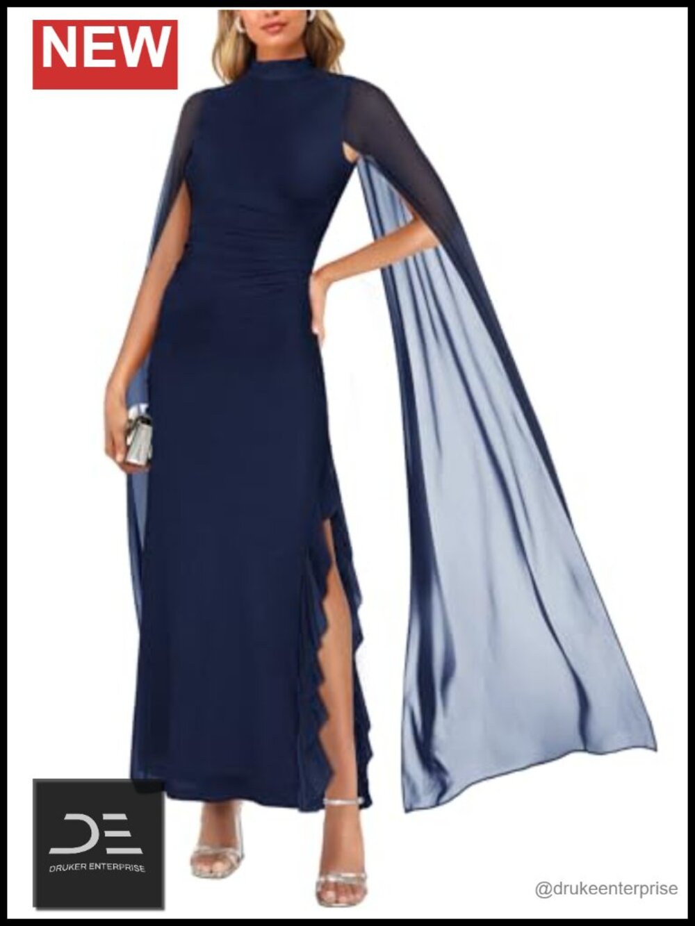 Women's Formal Mesh Ruched Bodycon Maxi Dress Long Sleeve High Split - Picture 5 of 6